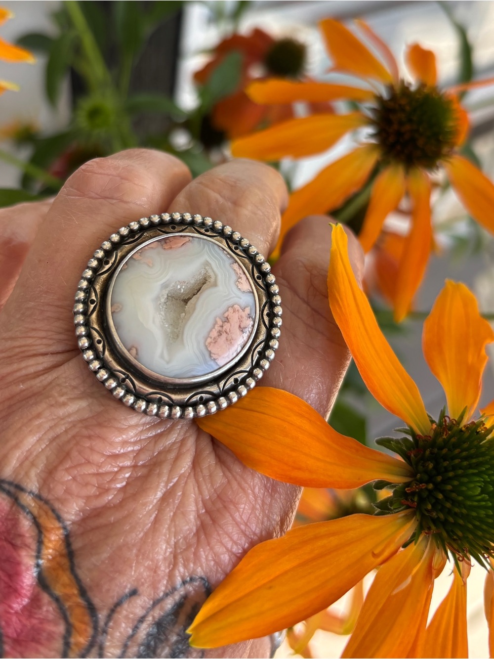Boho Scotty CandyAgate Druzy Statement Ring in White and Pink